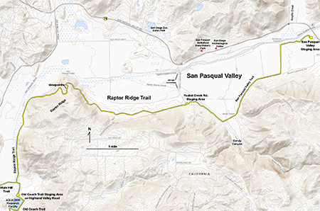 Topographic map of the San Pasqual Valley showing the location of the Raptor ridge Trail and San Pasqual Valley Trail