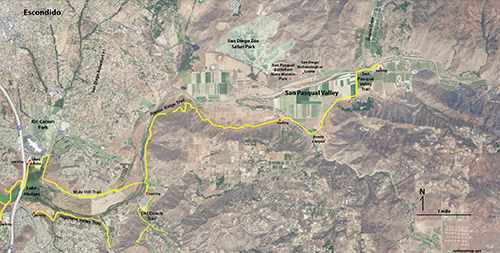 Topographic map of the San Pasqual Valley east of Lake Hodges near Escondido, California.