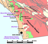 Generalized geologic map showing the location to 3 volcanic areas in western San Diego County.