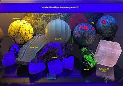A display of a collection of fluorescent minerals that glow under long-wave UV from a classic blacklight lamp.