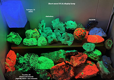 A display (behind glass) of a collection of fluorescent minerals that glow under short-wave UV (Band C).