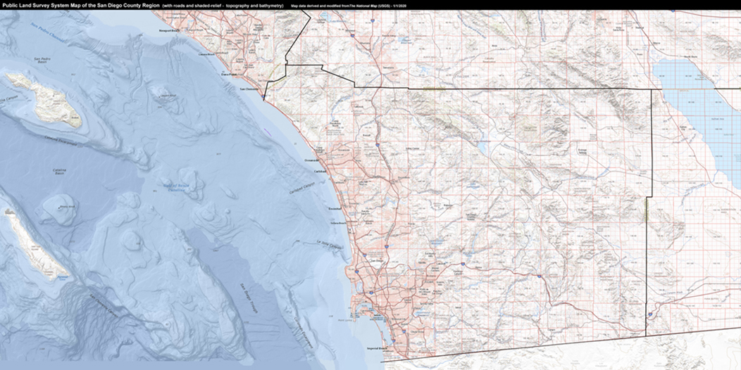 Public Land Survey System Map of the greater San Diego County region.
