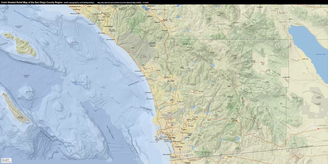 Color Shaded Relief Map of the Greater San Diego County region.