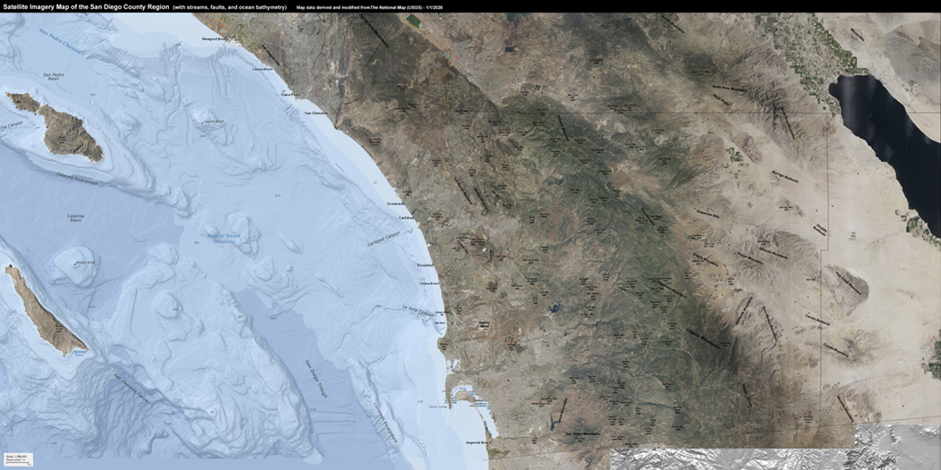 Satellite image map of the greater San Diego County region of California.