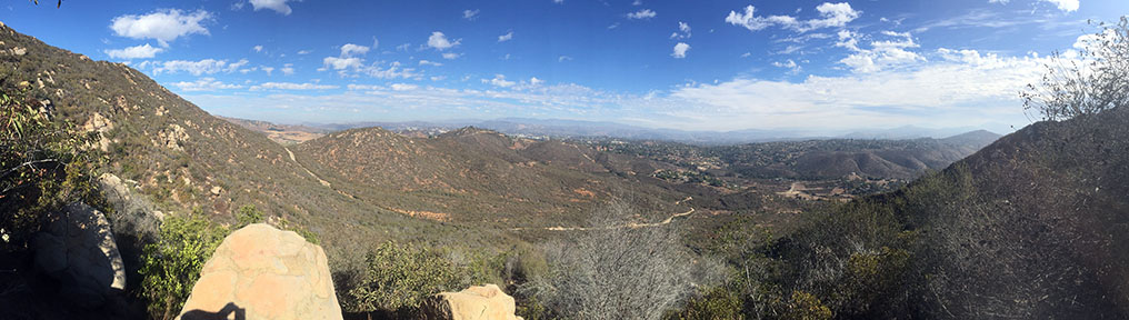 Panoramic view of the chaparral covered mountains of the Del Dios Highlands County Preserve