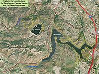 Satellite map of the mountainous region of coastal northern San Diego County near Escondido showing Lake Hodge and Olivenhain Reservoir.