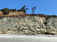 Greenish silty shale and sandstone channel deposit in the Delmar Formation with reddish Bay Point Formation - top left.