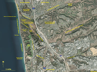 Satellite features map of the Torrey Pines park area.