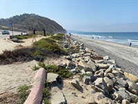 The Torrey Pines Road Causeway is protected by rip-rap construction boulders.
