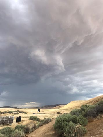 Developing wall cloud aong a gust front in a thunderstorm new Mercy Hot Springs, CA
