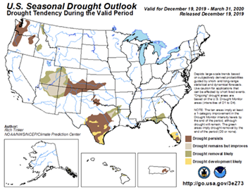 U.S. Seasonal Drough Outlook - drought tendenccy map for December 19, 2019 to March 31, 2020