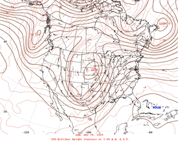 Example of a 500-millibar weather chart for December 29, 2019 showing isobars.