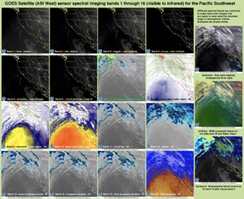 Satellite imagery maps for the 16 bands of spectral data from the GOES satellite sensor taken on the morning of January 2, 2020, along with three composite image maps for the same day. All maps show the state boundaries for the western United States.