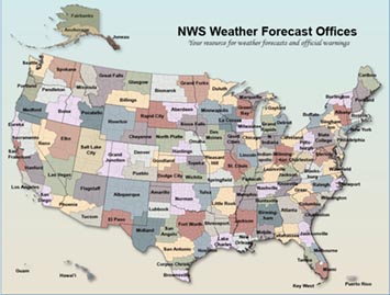 Map showing the location of Weather District Offices across the country and its territories.