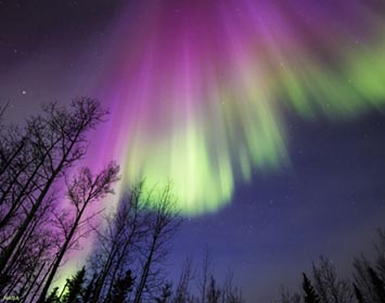 Example of the aurora borealis showing purples and green colors in the night sky.
