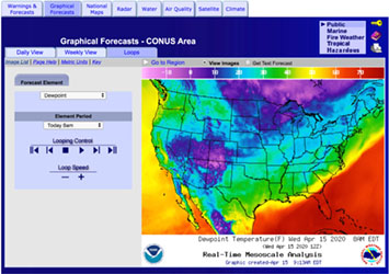 Graphical forecast map for dewpoint information for the continental United States.