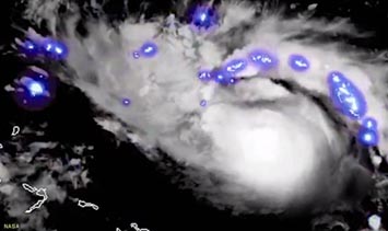 Satellite map of Hurricane Dorian showing the location of active lightning strikes during the storm.