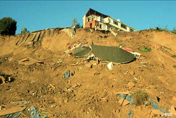 Vew of a house damaged by a landslide during the Northridge Earthquake of 1994.