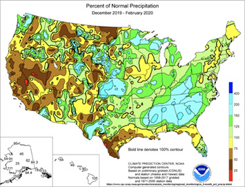 3-Months Percent of Normal Precipitation 12/19-2/20 map
