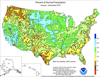 Percentage of Normal Precipitation 2019 map