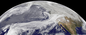 A NASA satellite image of a Pineapple Express -- cloud river impacting the southwestern United States.