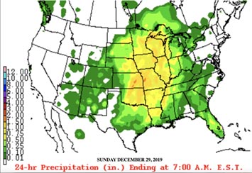 Precipitation totals map of the United States for December 29, 2019