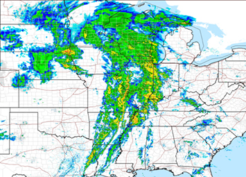 Snapshot of a storm over the central United States a revealed by the National Weather Radar Mosaic.