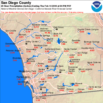 Rainfall totals for a massive storm that impacted the San Diego region on Valentines Day, 2019.