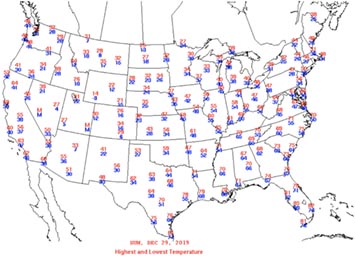 Map showing high and low daily temperatures for station plots across the United States for December 29,2919
