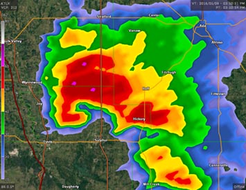 Example how doppler radar reveals a tornado within a cloud over Oklahoma.