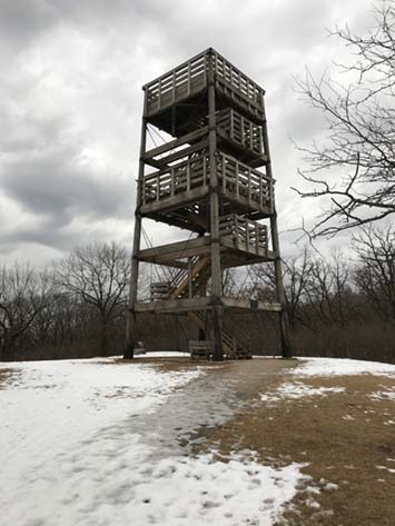 A view of the modern observatory tower on Lapham Peak in Wisconsin.