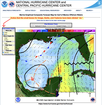 Map of the Gulf of Mexico showing Wind data and wather map features.