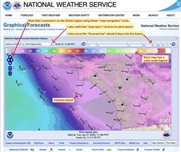 Zoomed in view of the SoCal region on the Wind Speed layer of the Graphical Forecasts map.