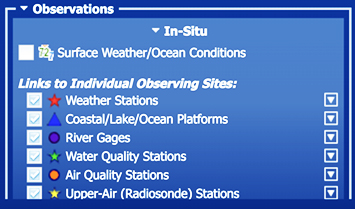 Options to view In-Situ Observation Stations sites on the map..