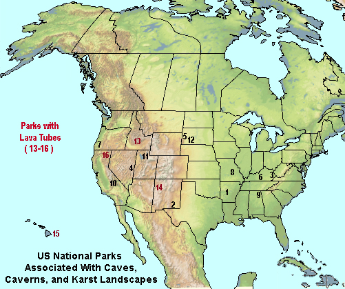 Map of North America showing the locations of national parks with caverns or lava tubes.
