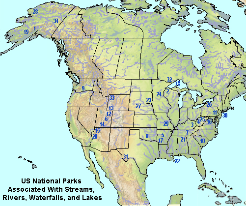 Map of North America showing the location of US national parks associated with  rivers, streams, and waterfalls.