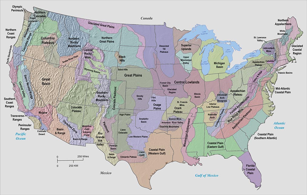 Physiographic Provinces of the United States on a shaded relief map showing names of selected regions and major landscape features.