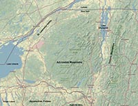 Map showing the location of the Adirondak Mountains in northern New York.