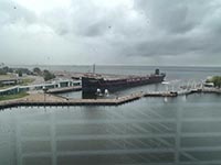 View of some unpleasent weather on Lake Erie as seen from the Rock-N-Roll Hall of Fame.