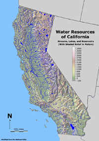 Water resources of calfironia (on color shaded relief)