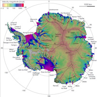 Map of Antarctica showing ice sheets, ice caps, and ice shelfs