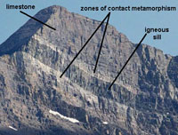 Zona de contato de uma intrusão ígnea no Parque Nacional Glacier, Montana
