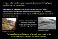 In places where sediments are deposited, evidence of the physical conditions are preserved as sedimentary facies. Sedimentary facies are sedimentary deposits that reflect environmental conditions at the time of deposition of sediments. Examples include offshore mud facies, reef facies, beach sand facies, terrestrial facies, etc.  Facies reflect the character of a rock expressed by its formation, composition, and fossil content.