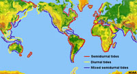 Map of world showing locations of different types of tides