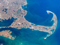 Cape Cod, a hook-shaped peninsula formed from reworked glacial deposits, with Marthas Vineyard (below), Massachusetts. 