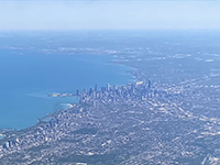 Airliner view of Chicago on the southwest shor of Lake Michigan.