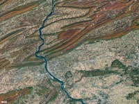 Satellite view of the Harrisburg, Pennsylvania region showing the folded layers of the Valley and Ridge Province (top) and Piedmont (bottom). 