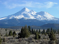 Mount Shasta in northern California is the largest of the volcanoes in the Cascades Range. 