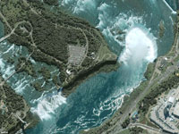 Aerial view of Niagra Falls on the Niagara River between Lake Erie and Lake Ontario near Buffalo, New York. 