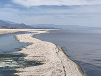 Fishbones Beach on the western shore of the Salton Sea with snow-capped peaks of San Jacinto (left) and San Gorgonio (center) in the distance.